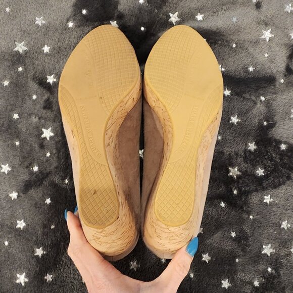 Stuart Weitzman Beige Suede Anna Cork Wedge Platform Peep Toe Pumps Size 9 - Picture 7 of 13
